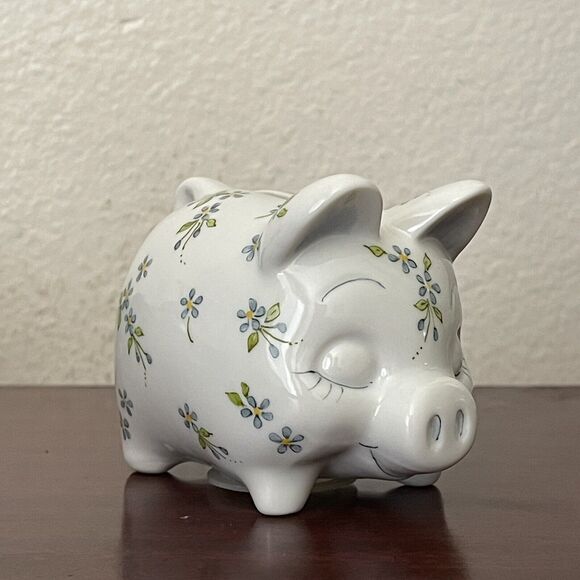 Vintage Piggy Bank With Stopper, Forget Me Not 1989 Hand Painted Signed - Picture 1 of 12